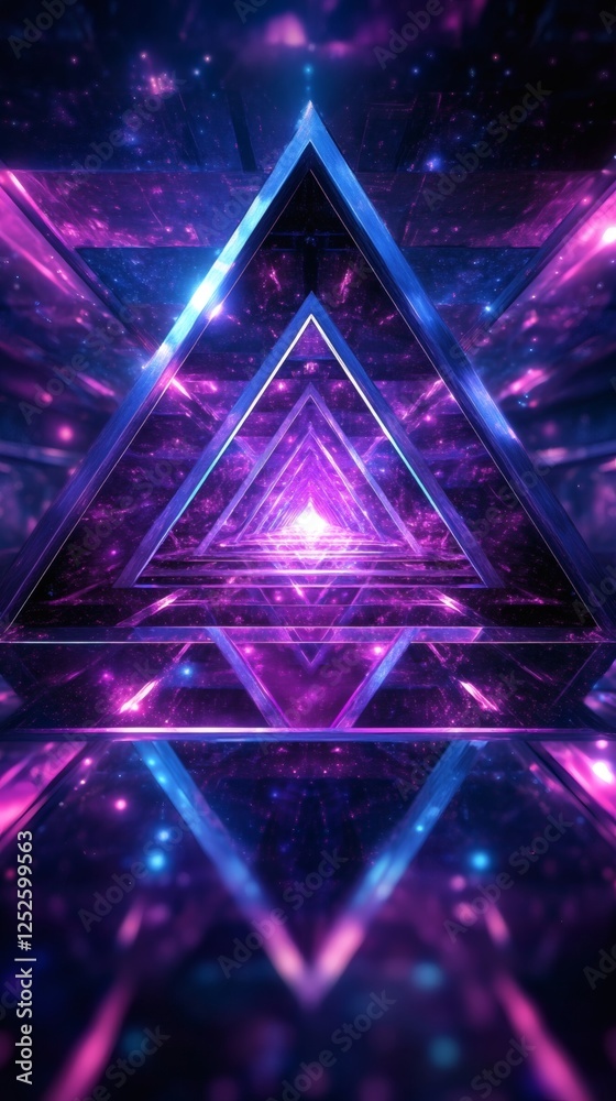 Poster abstract 3d geometric design layered purple and blue triangles forming a fractal pattern the design 