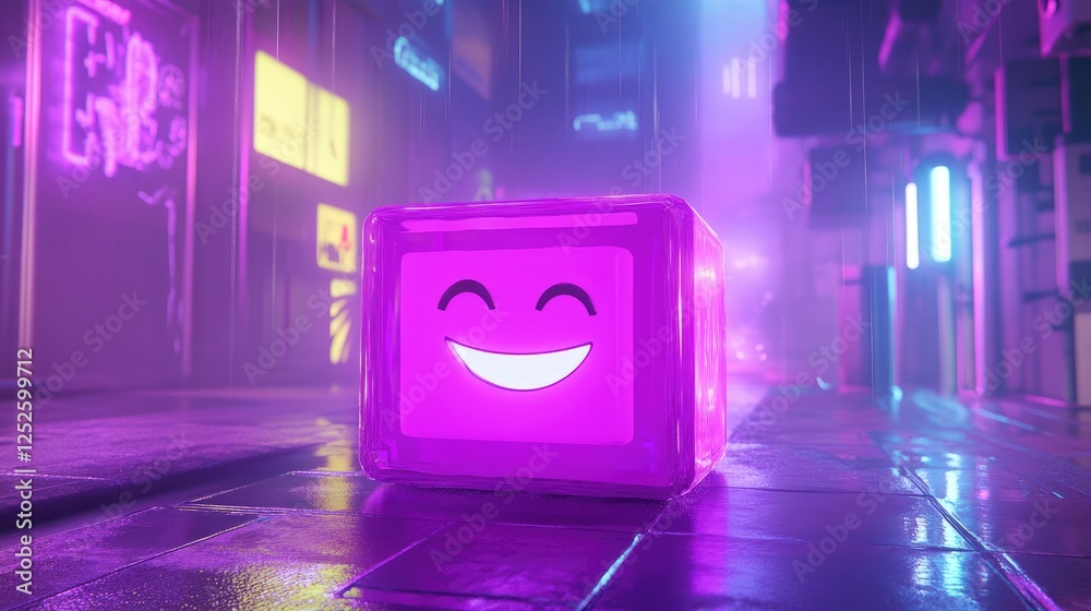Poster a radiant purple cube with a joyful smiling face illuminated from within, giving off a playful and p