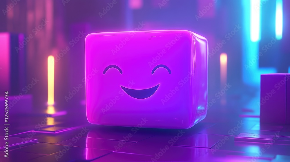 Aufkleber A radiant purple cube with a joyful smiling face illuminated from within, giving off a playful and positive vibe in a colorful, futuristic setting