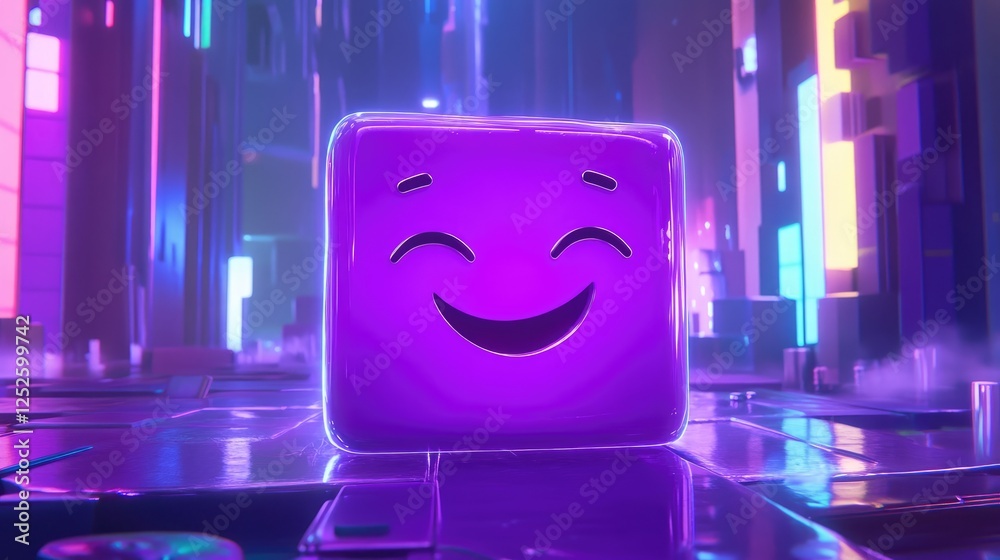 Poster A radiant purple cube with a joyful smiling face illuminated from within, giving off a playful and positive vibe in a colorful, futuristic setting