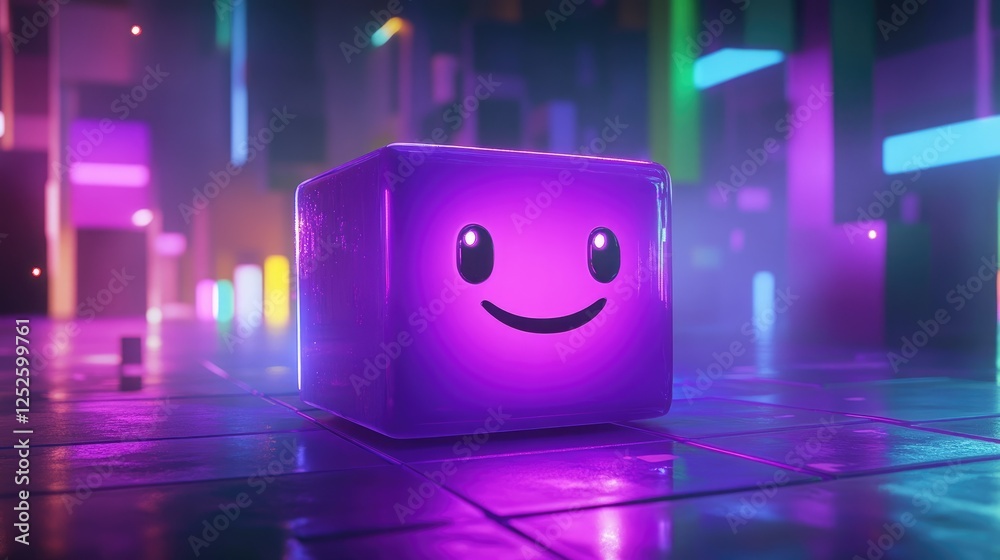 Poster a radiant purple cube with a joyful smiling face illuminated from within, giving off a playful and p