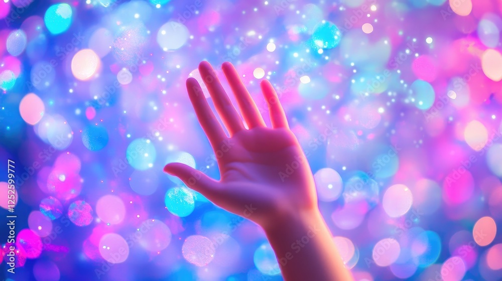 Poster a raised hand in front of a gentle bokeh backdrop, symbolizing connection, tranquility, and serenity