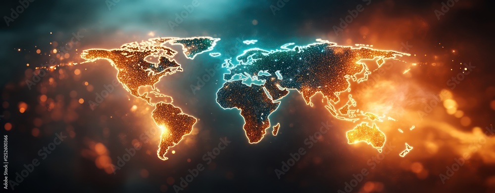 Poster Abstract glowing world map with bright lights representing connections and diversity in a digital space