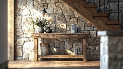 Rustic Wooden Console Table Against Stone Wall Interior Design