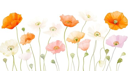 Fototapeta premium Pastel colored poppy flowers, various shades of orange, peach, pink, and white, arranged in a horizontal row against a white background. The flowers have delicate petals and thin stems. The image