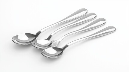 a stainless steel spoon set, kitchenware element, realistic 3D rendering, silver, isolated on white background