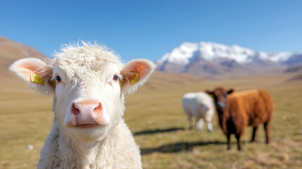 Obraz premium Young calf gazing, mountain pasture, sunny day