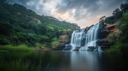 Fototapeta premium Majestic waterfall cascading into tranquil pool, lush greenery backdrop, sunset sky