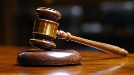 Gavel on Wooden Table: Symbol of Justice and Law