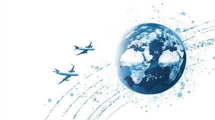 Global air travel, world map, planes, abstract background, travel concept, graphic design, tourism