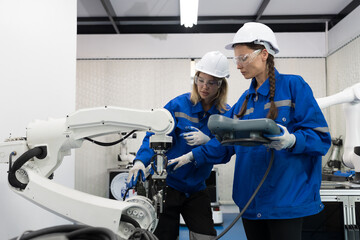 Two woman engineer control autonomous robotics arm for manufacturing in room education workshop building. Innovative self-learning technology concept