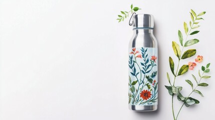 Fototapeta premium a refillable aluminum water bottle, eco-friendly travel gear, hand-painted vintage aesthetic, isolated on white background