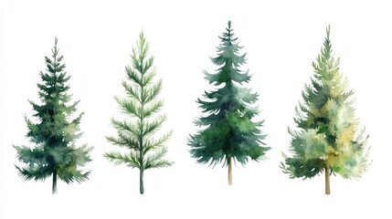 Four watercolor evergreen trees isolated on white; nature, design, card, print