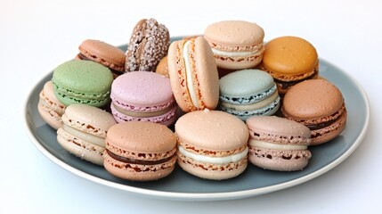 Obraz premium a plate of assorted macarons, French dessert, pastel color palette, soft focus, isolated on white background