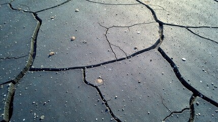 Arid Landscape Deep Cracks in Dry, Dark Earth Surface Showing Small Stones and Pebbles Scattered Across the Parched Ground