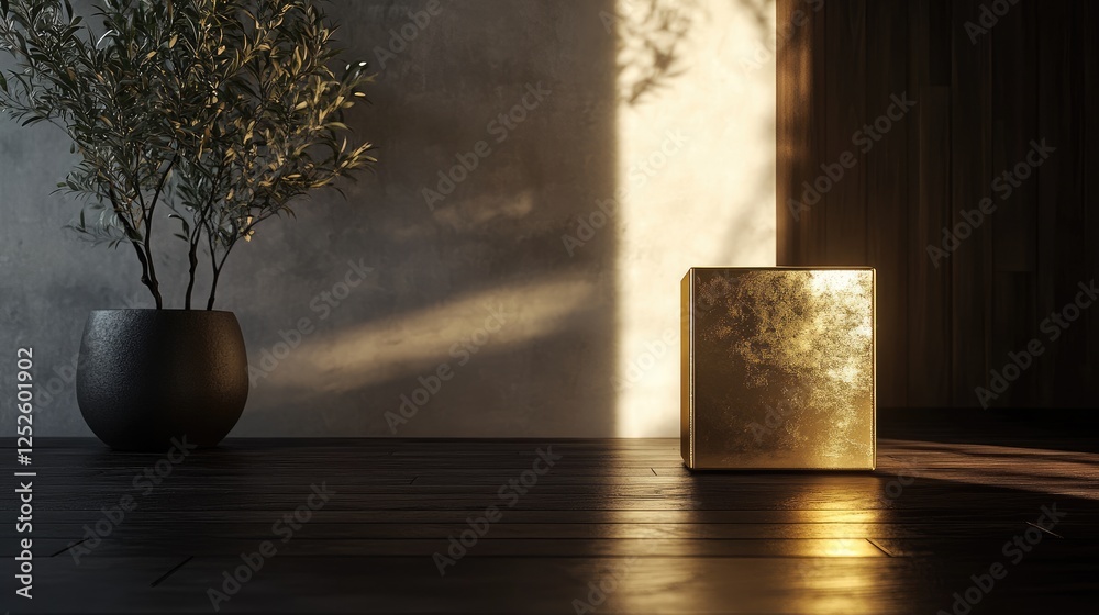 Poster a shiny golden cube on a dark wooden floor in a modern, minimalist room, creating an elegant focal p