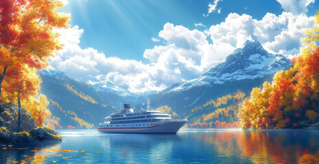 A beautiful landscape painting of a large cruise ship sailing on a tranquil lake.