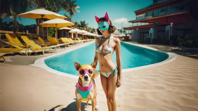 A woman in a bikini and a dog 