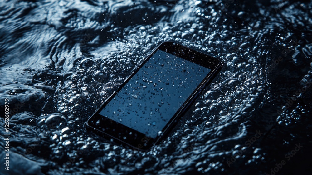 Aufkleber A sleek smartphone floating in a pool of water with bubbles, capturing the modern fusion of technology and water in a refreshing scene