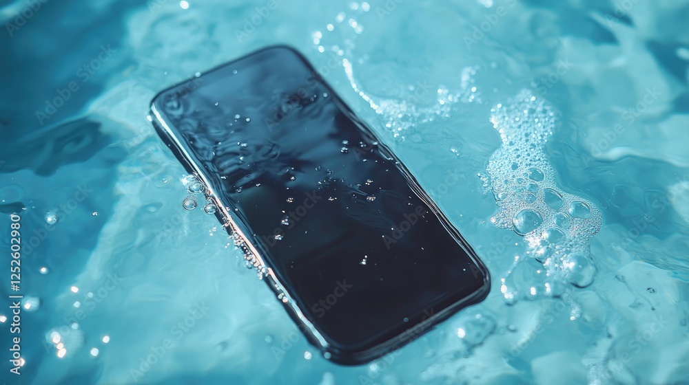 Aufkleber A sleek smartphone floating in a pool of water with bubbles, capturing the modern fusion of technology and water in a refreshing scene