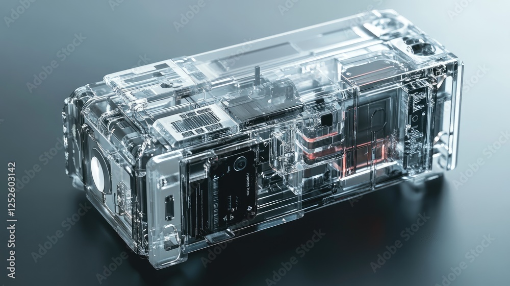 Poster A sleek, transparent device with visible internal components, representing the future of technology with advanced features and sophisticated design