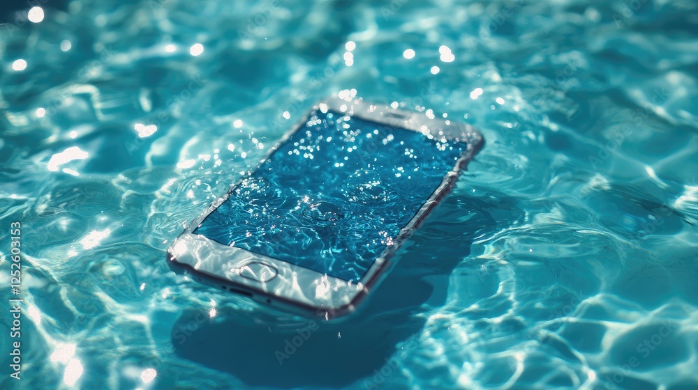 Poster a smartphone floating in a pool of water, surrounded by bubbles, with soft ripples and a vibrant blu