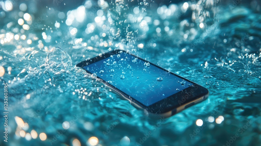 Aufkleber A smartphone gently floating on water with bubbles, creating a futuristic and refreshing scene with vibrant blue water and light reflections