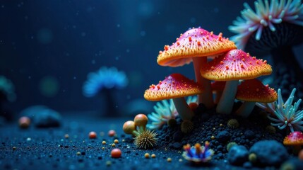 Enchanted Underwater Fungi Forest Vibrant, bioluminescent mushrooms and aquatic flora thrive in a mysterious deep-sea landscape.