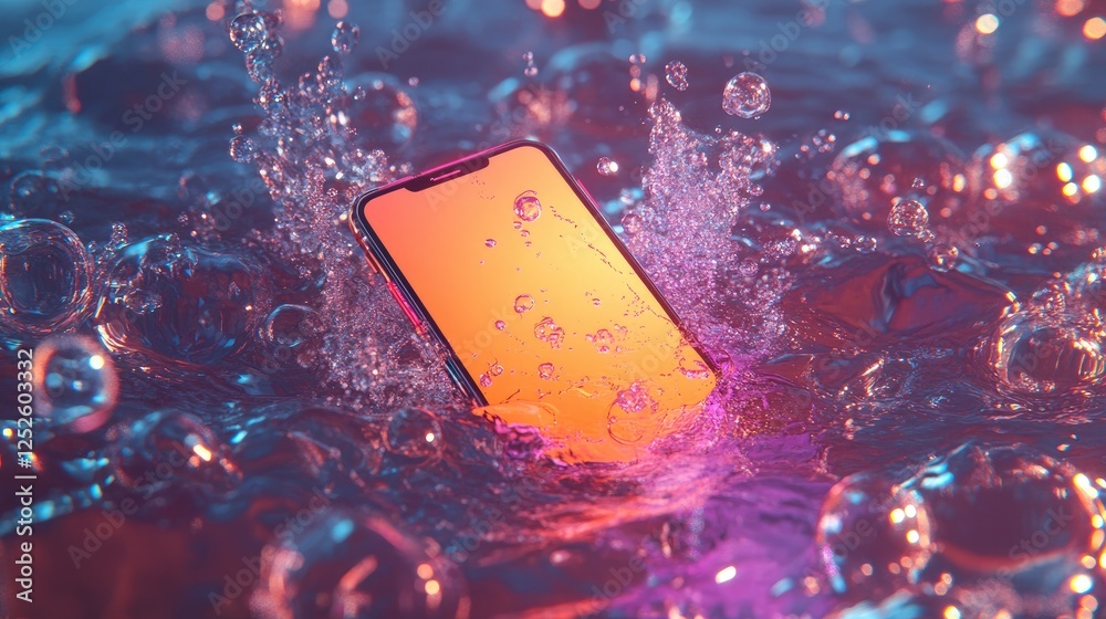 Aufkleber A smartphone in the center of a pool of water, with bubbles surrounding it, offering a unique and refreshing tech-focused image with a serene backdrop