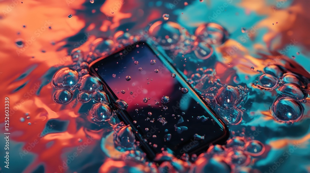 Aufkleber A smartphone in the center of a pool of water, with bubbles surrounding it, offering a unique and refreshing tech-focused image with a serene backdrop