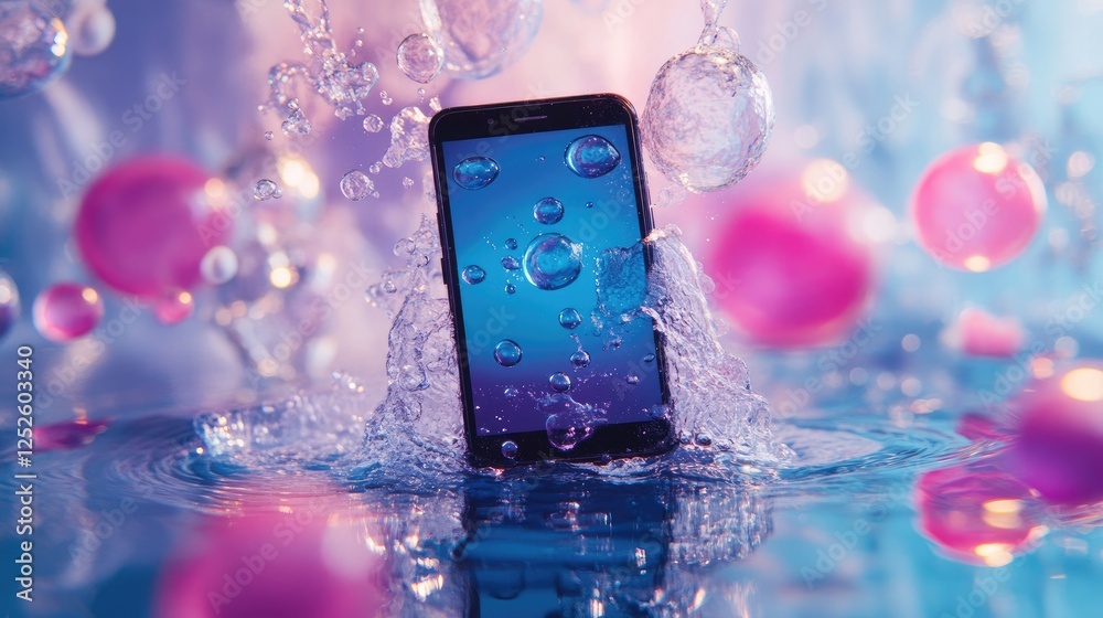 Poster A smartphone in the center of a pool of water, with bubbles surrounding it, offering a unique and refreshing tech-focused image with a serene backdrop