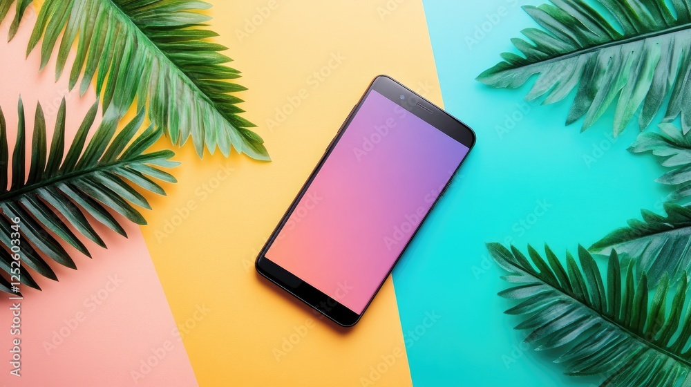 Poster a smartphone mockup with a vibrant multicolor background, showcasing the device in a trendy and arti