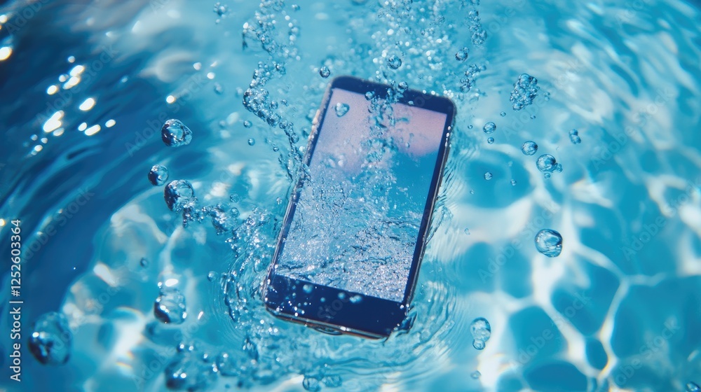 Aufkleber A smartphone in the center of a pool of water, with bubbles surrounding it, offering a unique and refreshing tech-focused image with a serene backdrop