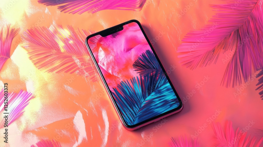 Poster a smartphone mockup with a vibrant multicolor background, showcasing the device in a trendy and arti
