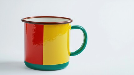 a colorful enamel camping mug, retro style, travel vibes, isolated on white background