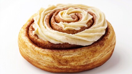 Fototapeta premium a cinnamon roll with cream cheese frosting, bakery delight, hyperrealistic, swirled golden brown, isolated on white background