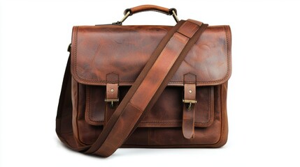 a classic vintage leather messenger bag, timeless business style, deep brown, isolated on white background
