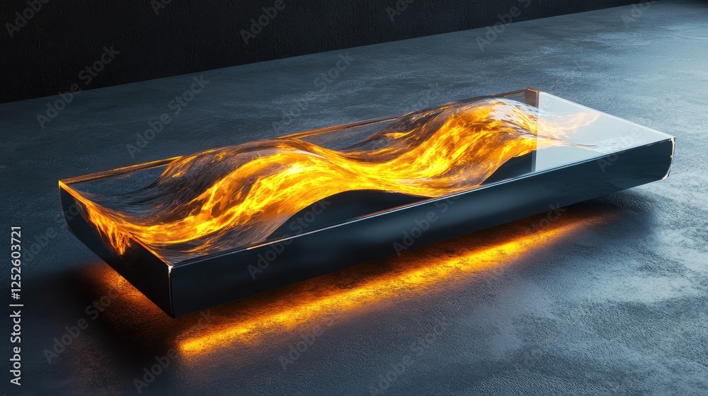 Aufkleber a sophisticated glass platform with internal flames, illuminated to create a dramatic and fiery glow