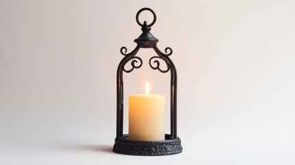 a candlelit wrought iron lantern, romantic home decor, elegant curving details, isolated on white background