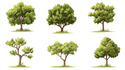 Six lush green trees isolated on white; nature graphic design