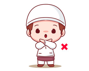 Cute muslim boy posing stop hand sing cartoon character. Happy Eid Ramadan Islamic Concept design. Kawaii and adorable vector illustration.
