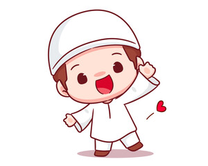 Cute muslim boy greeting pose waving hand cartoon character. Happy Eid Ramadan Islamic Concept design. Kawaii and adorable vector illustration.