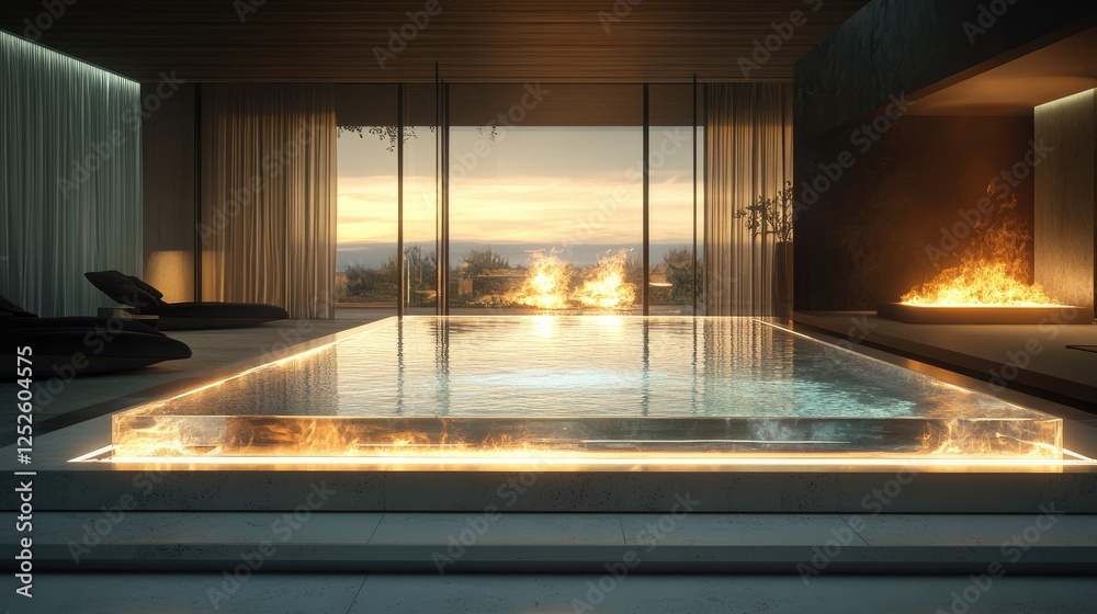 Poster a stunning glass platform lit from within by an internal fire, emitting a soft, warm glow that highl