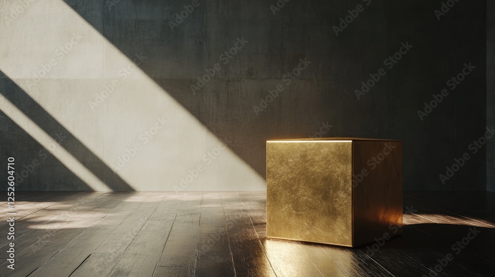 Poster A stunning golden cube sits on a dark wooden floor in a minimalist room, capturing the interplay of light and shadow to create a striking visual effect