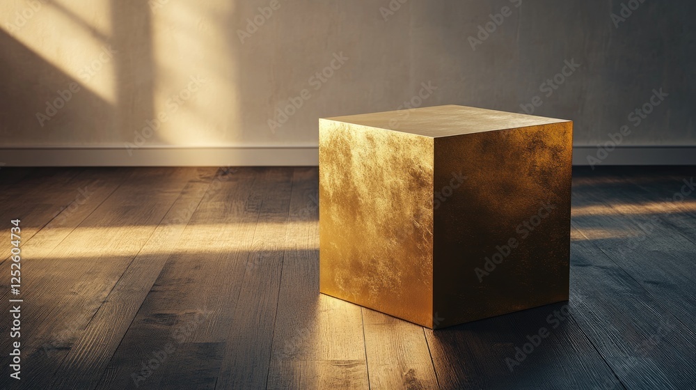 Aufkleber a stunning golden cube sits on a dark wooden floor in a minimalist room, capturing the interplay of 
