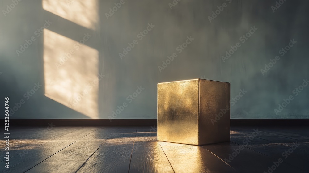 Poster A stunning golden cube sits on a dark wooden floor in a minimalist room, capturing the interplay of light and shadow to create a striking visual effect
