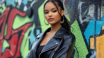 Fototapeta premium A woman in a black leather jacket stands in front of a graffiti wall