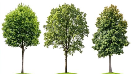 Obraz premium Three leafy trees, summer foliage, isolated on white background, nature design