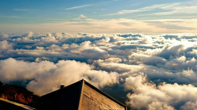 Dramatic mountain view above clouds in sunlit serenity