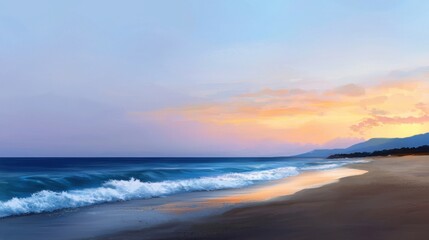 Fototapeta premium A painting of a beach with a beautiful sunset in the background